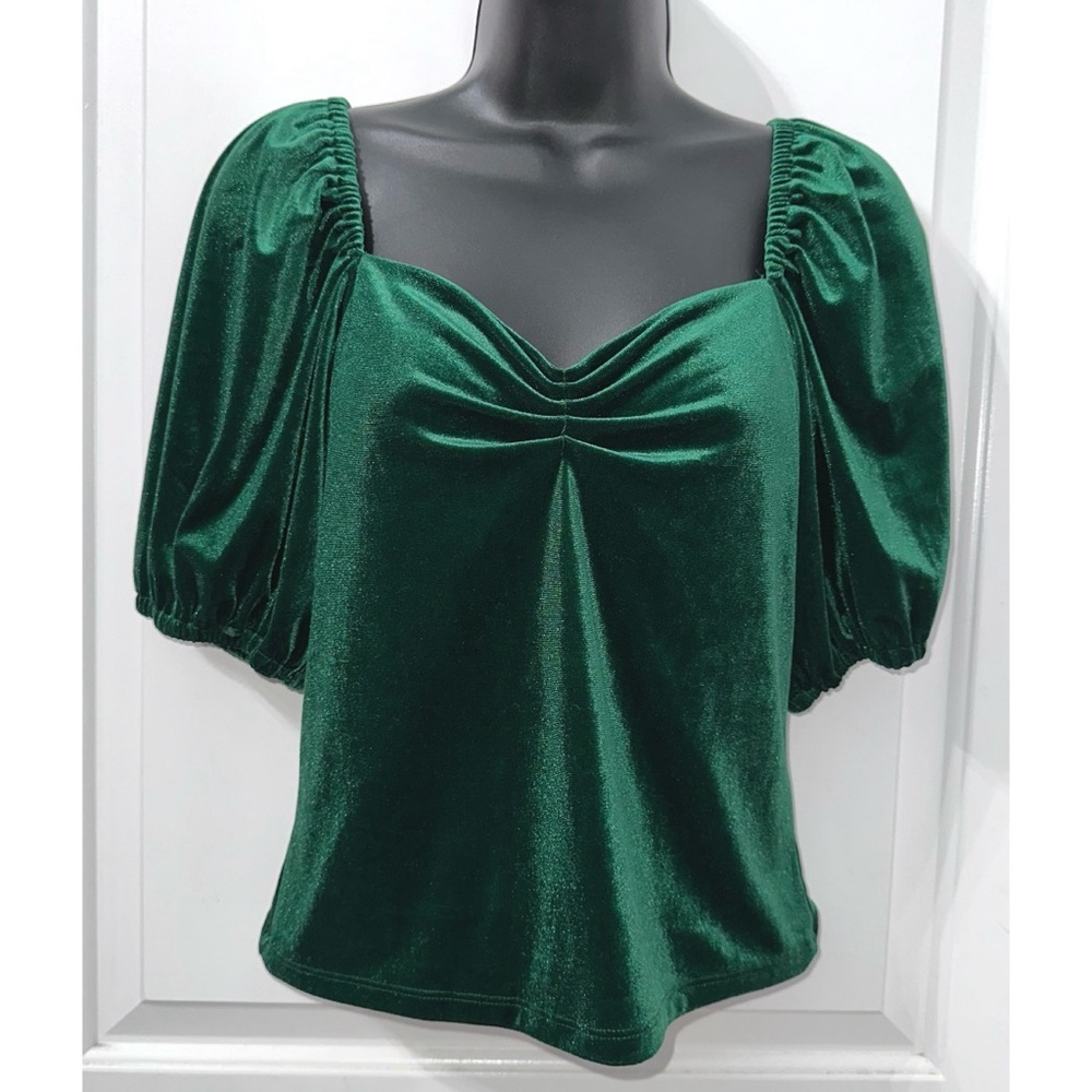 RACHEL Rachel Roy Emerald Green Velvet Top Size XS Puff Short Sleeve Crop